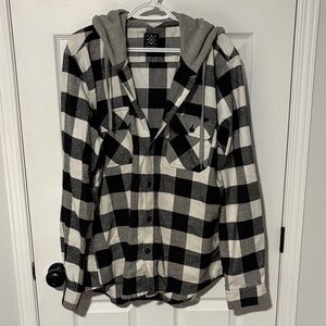 Black and White Plaid Hooded Shirt